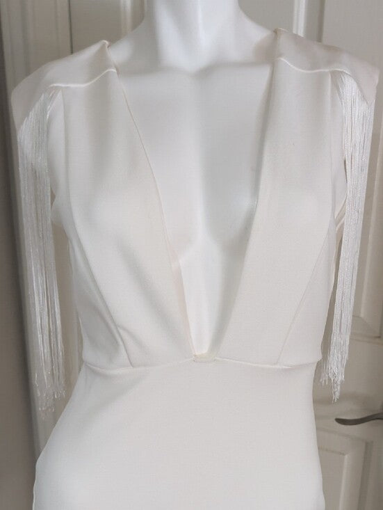 NWT Valiant Paris Chic White Fringe Sleeve Plunge Mini Dress Women's Medium