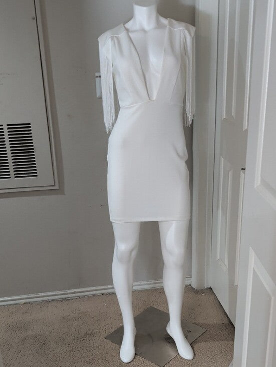 NWT Valiant Paris Chic White Fringe Sleeve Plunge Mini Dress Women's Medium