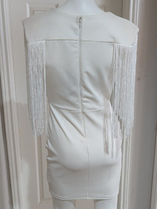 NWT Valiant Paris Chic White Fringe Sleeve Plunge Mini Dress Women's Medium