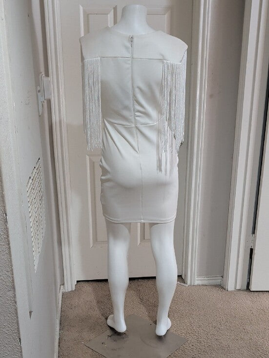 NWT Valiant Paris Chic White Fringe Sleeve Plunge Mini Dress Women's Medium
