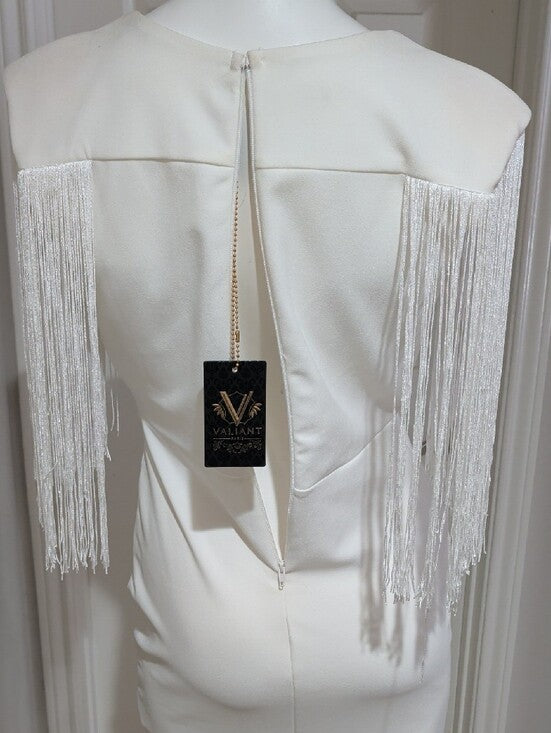 NWT Valiant Paris Chic White Fringe Sleeve Plunge Mini Dress Women's Medium