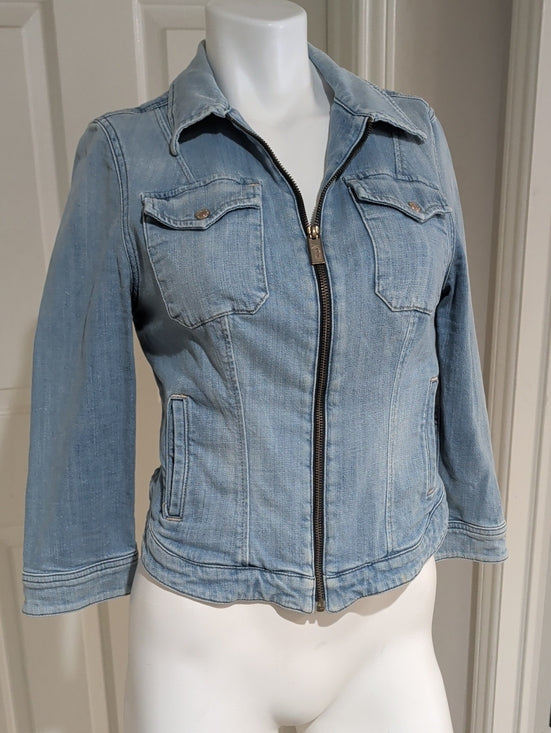 Guess By Merciano Tailored Light Blue Stretch Denim Zip Front Jacket Women's M