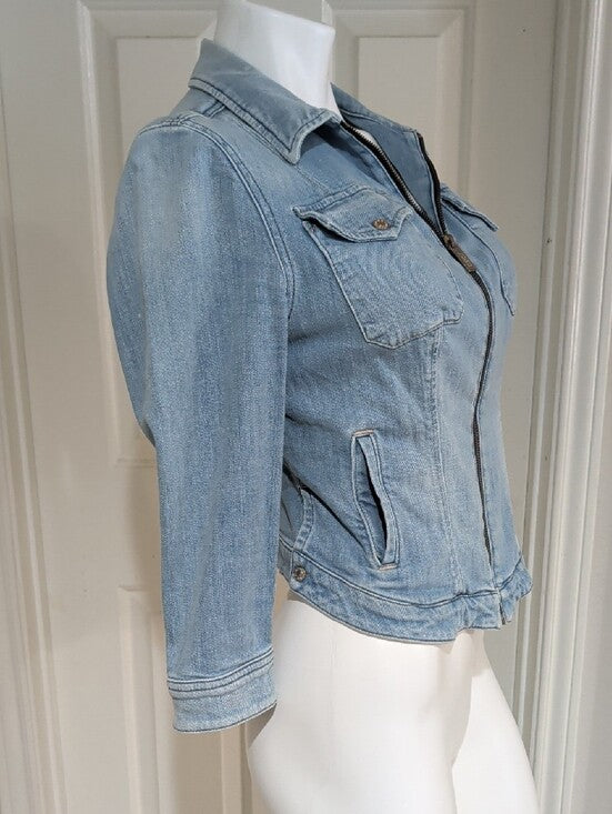 Guess By Merciano Tailored Light Blue Stretch Denim Zip Front Jacket Women's M