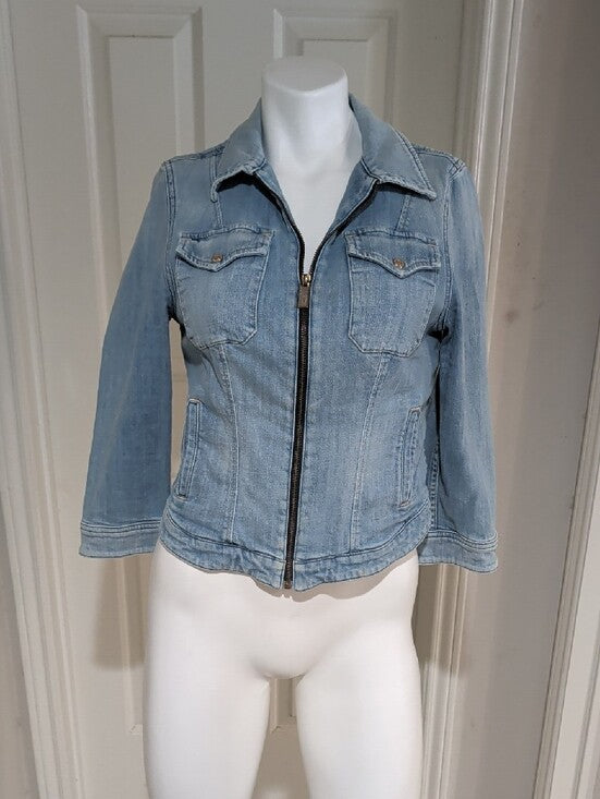 Guess By Merciano Tailored Light Blue Stretch Denim Zip Front Jacket Women's M