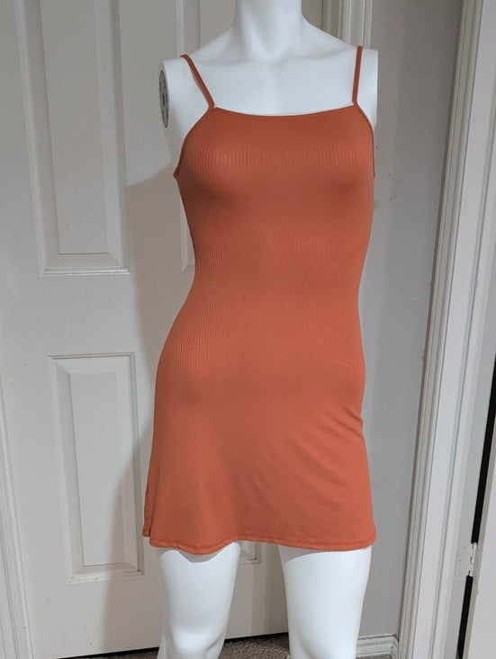 See You Monday Ribbed Spaghetti-Strap Mini Dress in Burnt Orange Women's XS