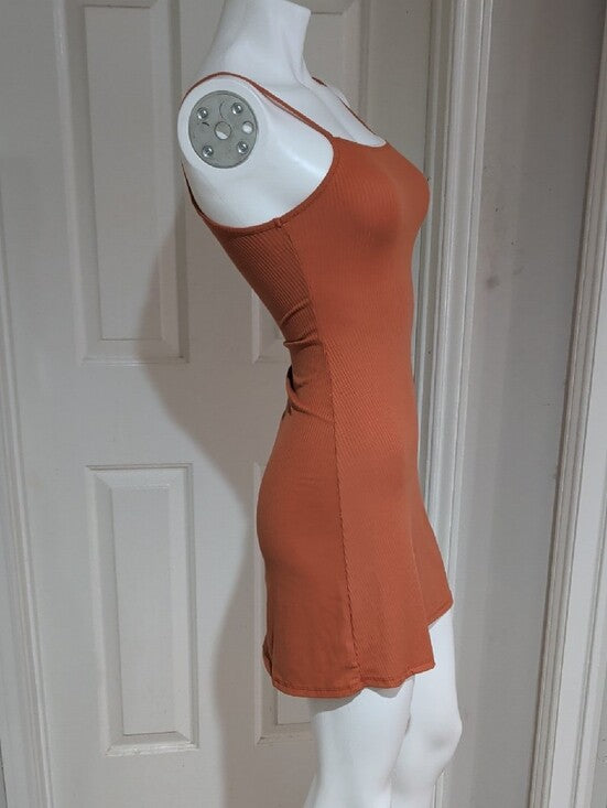 See You Monday Ribbed Spaghetti-Strap Mini Dress in Burnt Orange Women's XS