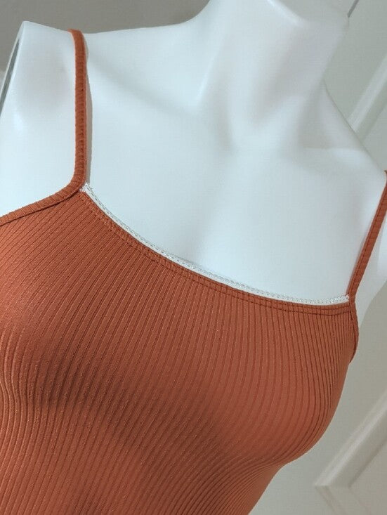 See You Monday Ribbed Spaghetti-Strap Mini Dress in Burnt Orange Women's XS
