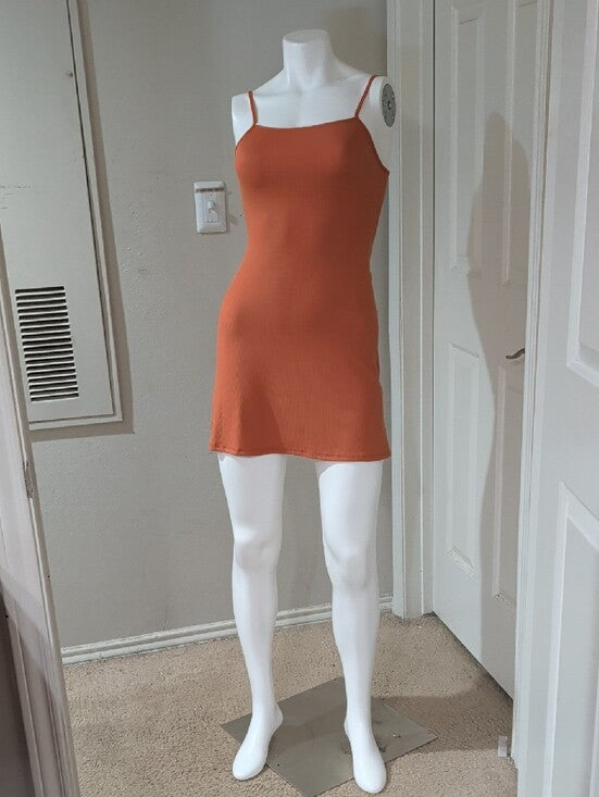 See You Monday Ribbed Spaghetti-Strap Mini Dress in Burnt Orange Women's XS
