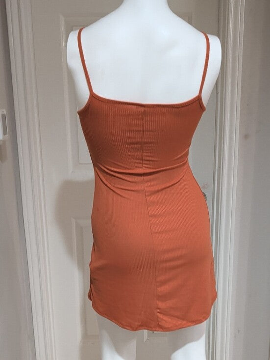 See You Monday Ribbed Spaghetti-Strap Mini Dress in Burnt Orange Women's XS