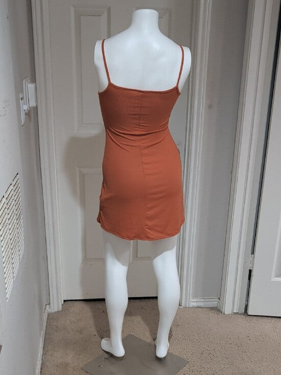 See You Monday Ribbed Spaghetti-Strap Mini Dress in Burnt Orange Women's XS