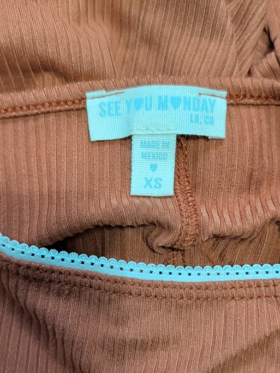 See You Monday Ribbed Spaghetti-Strap Mini Dress in Burnt Orange Women's XS