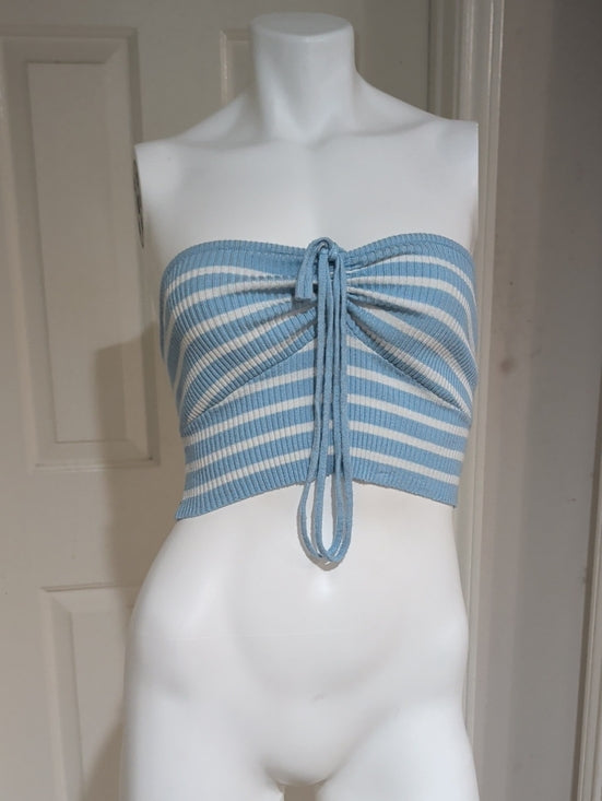Ribbed Strapless Tie-Front Crop Top in Light Blue & White Women's Small