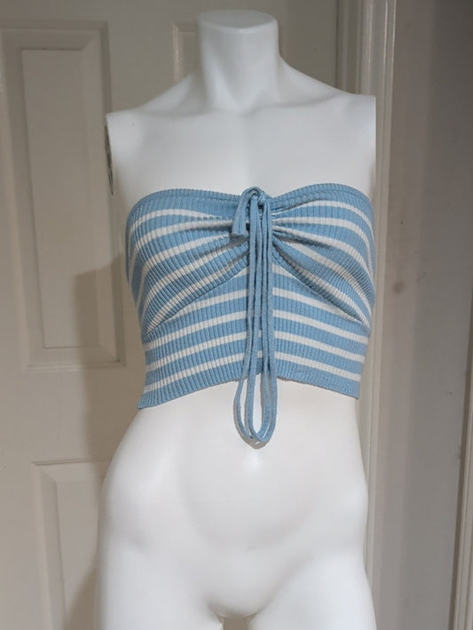 Ribbed Strapless Tie-Front Crop Top in Light Blue & White Women's Small