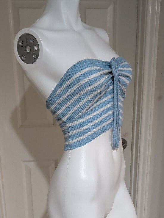 Ribbed Strapless Tie-Front Crop Top in Light Blue & White Women's Small