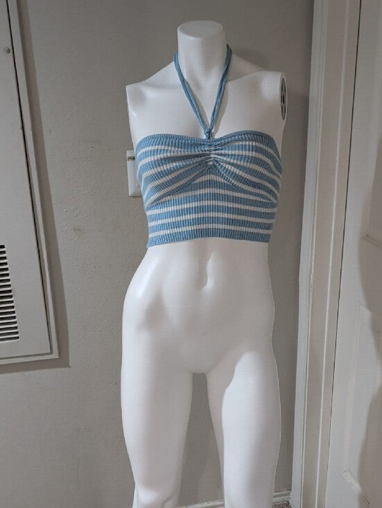 Ribbed Strapless Tie-Front Crop Top in Light Blue & White Women's Small