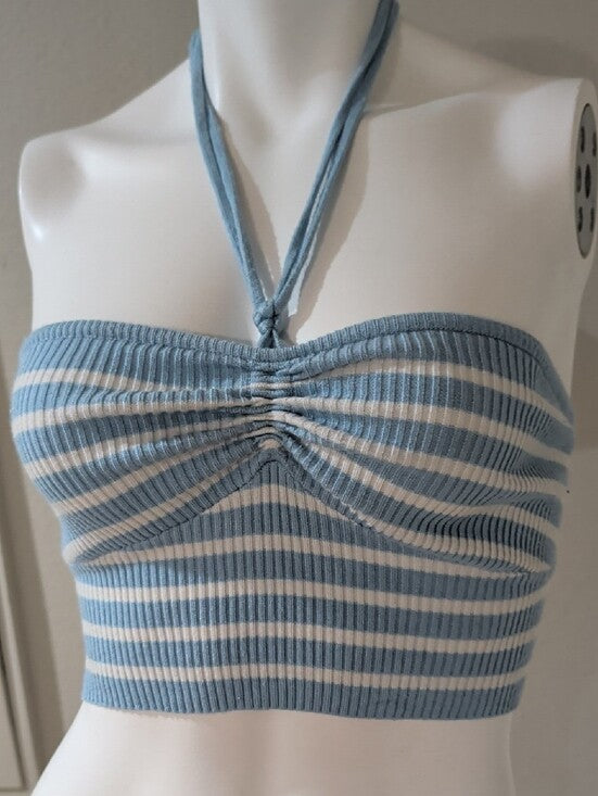 Ribbed Strapless Tie-Front Crop Top in Light Blue & White Women's Small