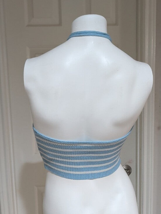 Ribbed Strapless Tie-Front Crop Top in Light Blue & White Women's Small