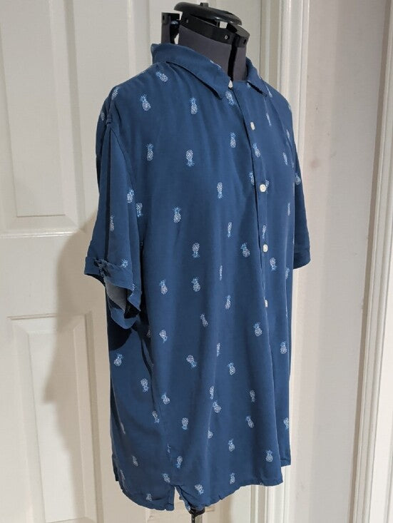 Newport Isle Navy Button-Down Shirt with Light-Blue Pineapple Print Men's XL
