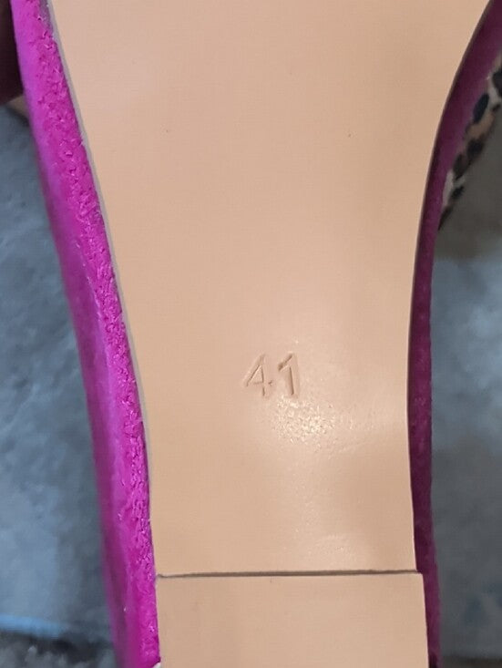 FSJ Leopard Trim Fuchsia Suede Peep-Toe Wedge Heels Women's 10