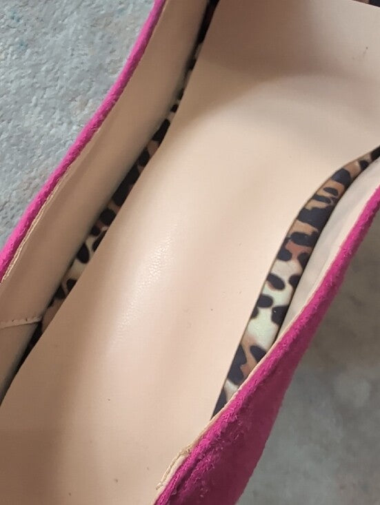 FSJ Leopard Trim Fuchsia Suede Peep-Toe Wedge Heels Women's 10