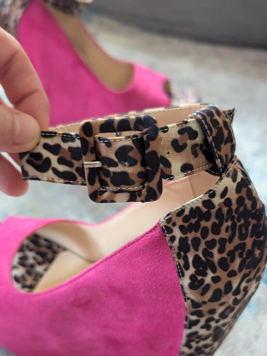 FSJ Leopard Trim Fuchsia Suede Peep-Toe Wedge Heels Women's 10