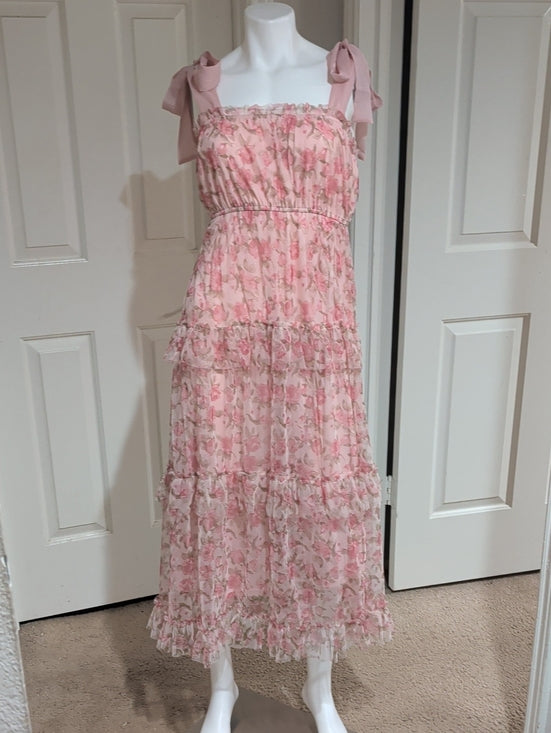 Mine Pink Floral Tie-Shoulder Maxi Dress Women's Small
