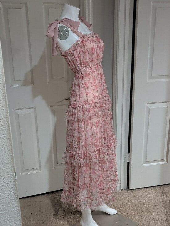 Mine Pink Floral Tie-Shoulder Maxi Dress Women's Small