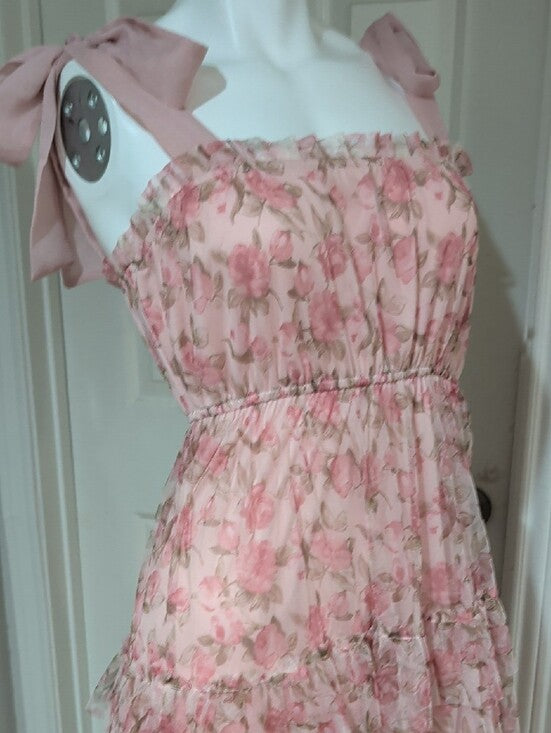 Mine Pink Floral Tie-Shoulder Maxi Dress Women's Small