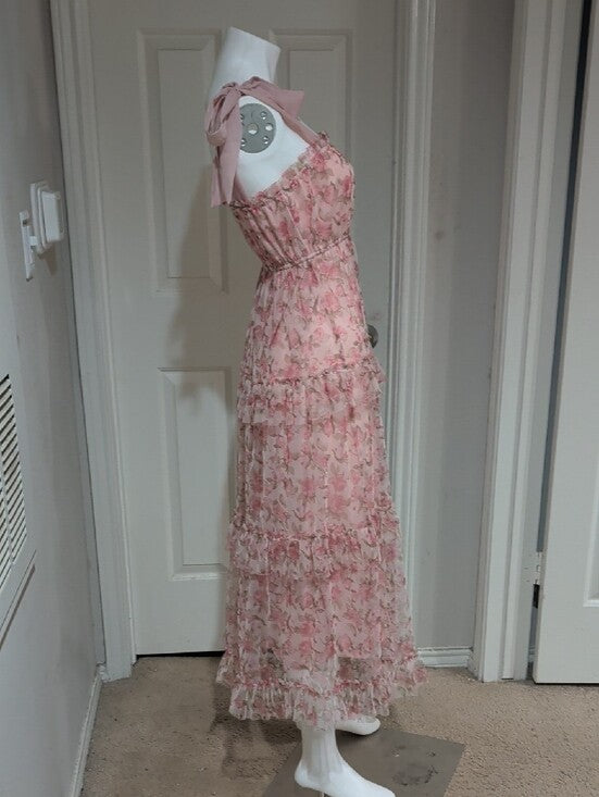 Mine Pink Floral Tie-Shoulder Maxi Dress Women's Small