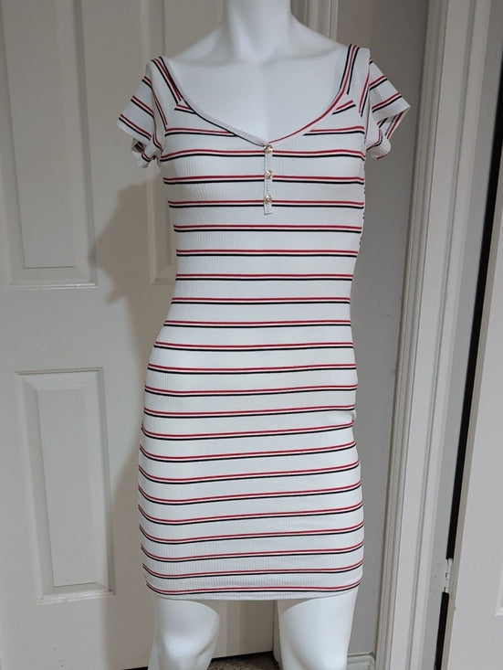 Popular 21 White Striped Short Sleeve Bodycon Dress with Red & Black Accents Lrg