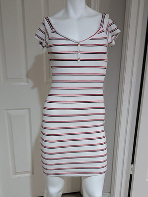 Popular 21 White Striped Short Sleeve Bodycon Dress with Red & Black Accents Lrg