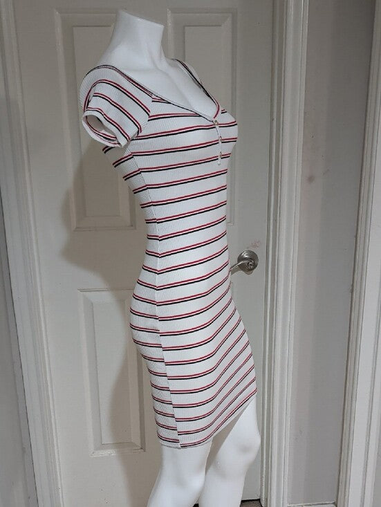 Popular 21 White Striped Short Sleeve Bodycon Dress with Red & Black Accents Lrg