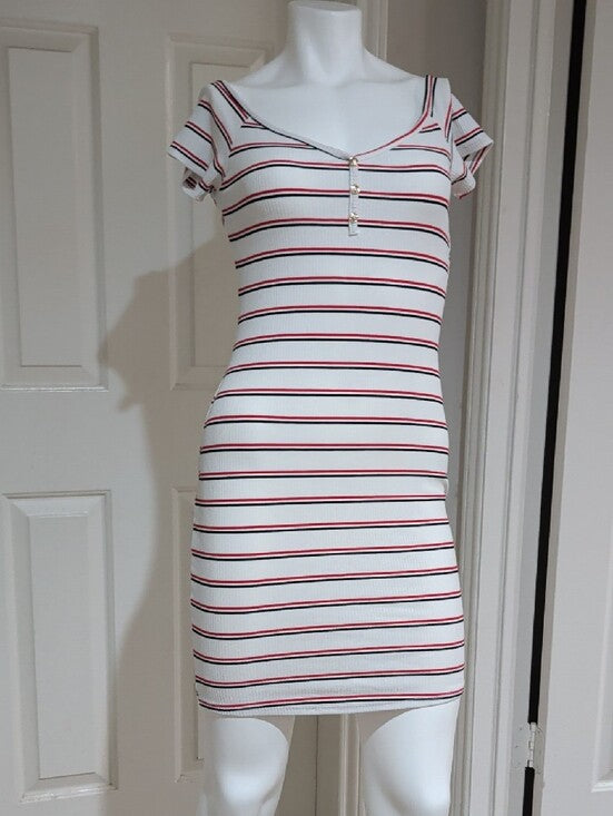 Popular 21 White Striped Short Sleeve Bodycon Dress with Red & Black Accents Lrg