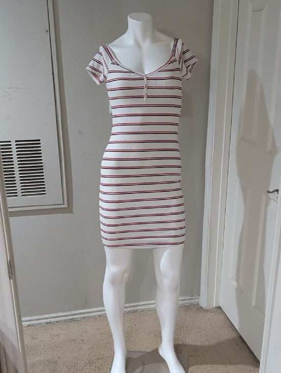 Popular 21 White Striped Short Sleeve Bodycon Dress with Red & Black Accents Lrg