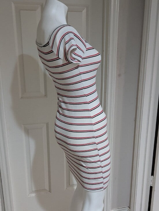 Popular 21 White Striped Short Sleeve Bodycon Dress with Red & Black Accents Lrg