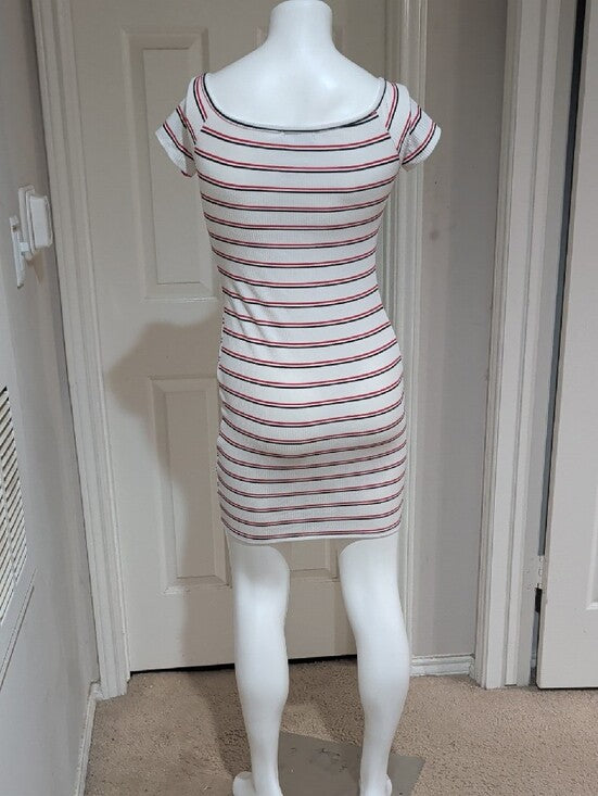 Popular 21 White Striped Short Sleeve Bodycon Dress with Red & Black Accents Lrg