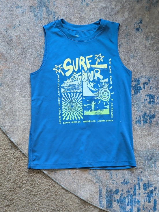 all in motion Kids Blue Tank Top with Neon Yellow Surf Tour Graphic Boys Small