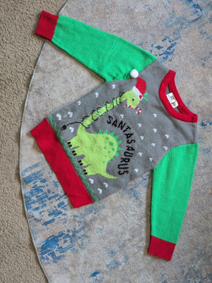 Child Santa-Saurus Holiday Sweater - Gray & Green Boys XS/S - Lights Up!