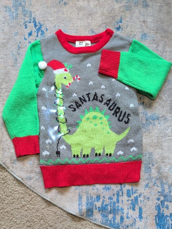 Child Santa-Saurus Holiday Sweater - Gray & Green Boys XS/S - Lights Up!