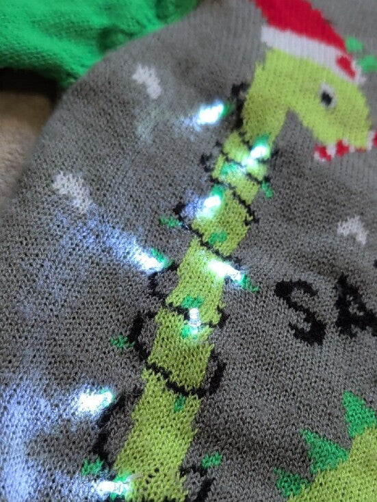 Child Santa-Saurus Holiday Sweater - Gray & Green Boys XS/S - Lights Up!