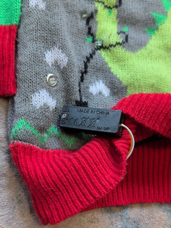 Child Santa-Saurus Holiday Sweater - Gray & Green Boys XS/S - Lights Up!