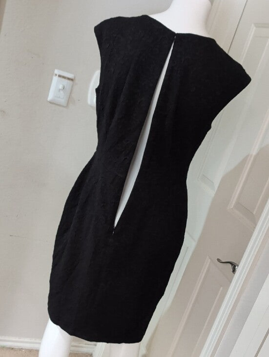NorthStyle Black Patterned Cap-Sleeve Midi Sheath Dress Women's 12