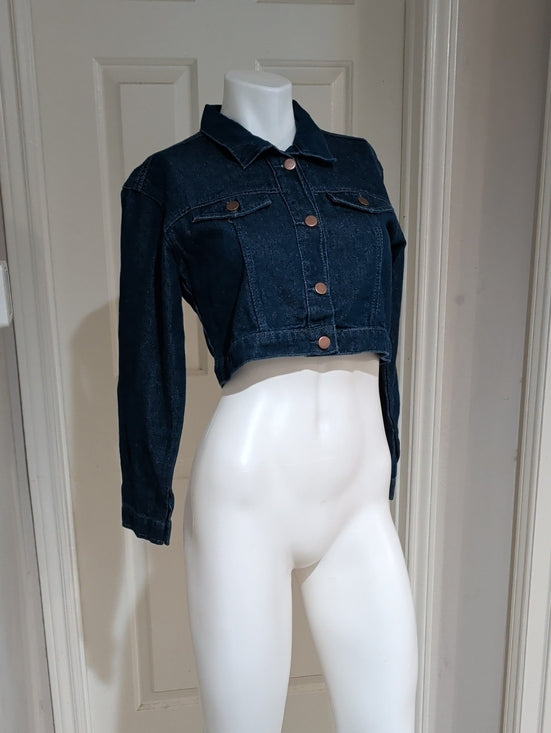 Cropped Denim Jean Jacket With Graphic Design Women's Medium