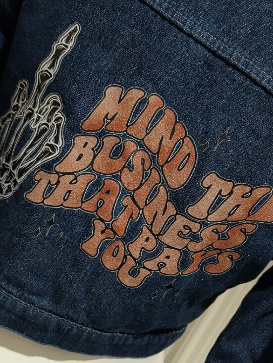 Cropped Denim Jean Jacket With Graphic Design Women's Medium