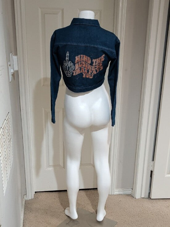 Cropped Denim Jean Jacket With Graphic Design Women's Medium