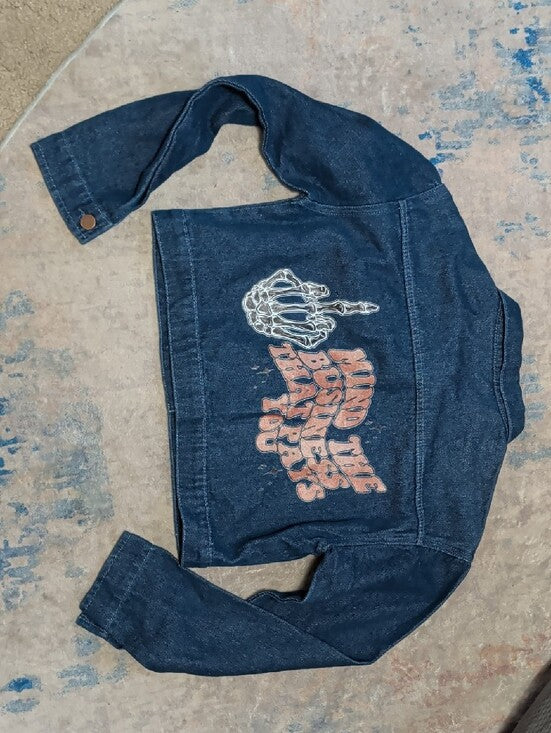 Cropped Denim Jean Jacket With Graphic Design Women's Medium