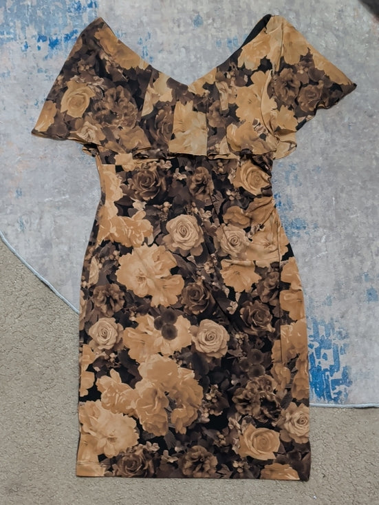 NWT Nordstrom Connected Apparel One-Shoulder Floral Bodycon Dress in Black and Tan Women's 12 US