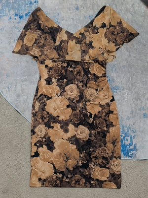 NWT Nordstrom Connected Apparel One-Shoulder Floral Bodycon Dress in Black and Tan Women's 12 US