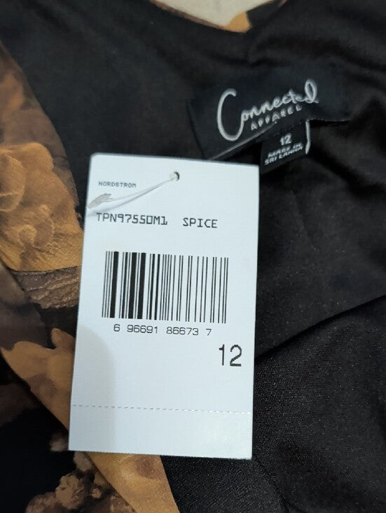 NWT Nordstrom Connected Apparel One-Shoulder Floral Bodycon Dress in Black and Tan Women's 12 US