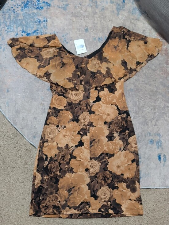 NWT Nordstrom Connected Apparel One-Shoulder Floral Bodycon Dress in Black and Tan Women's 12 US